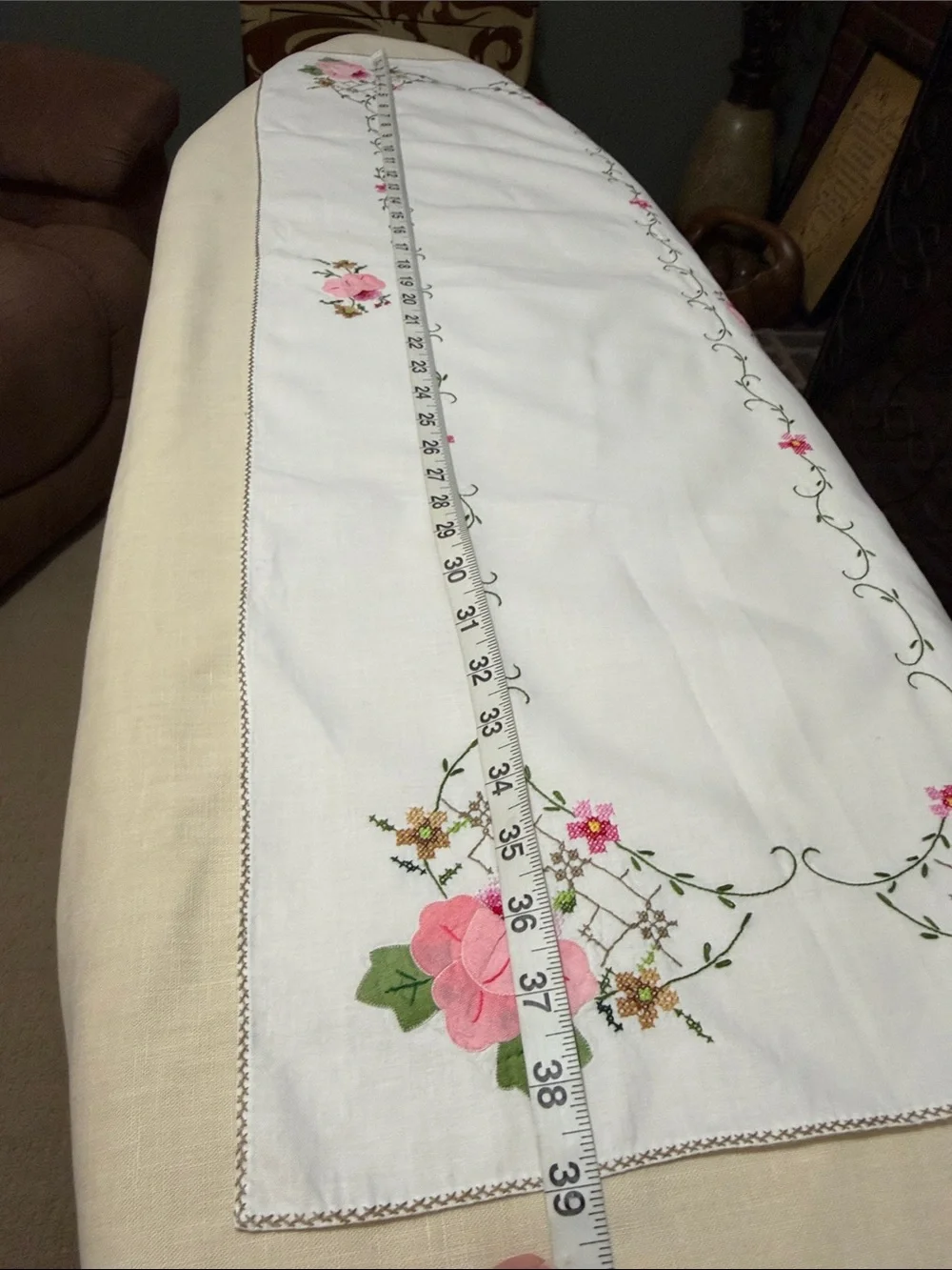 Embroidered Vintage Pink Rose Table Runner - Home Dining-Dresser Sash.
